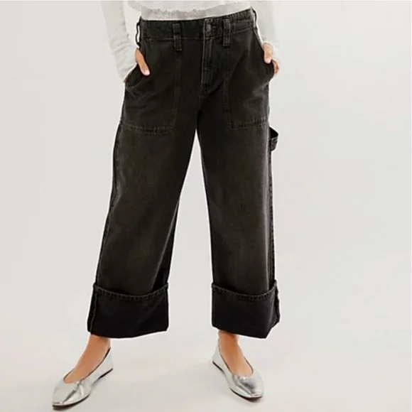 Free People Major Leagues Black Wide Leg Cuff Jeans Size 26 - Picture 2 of 15